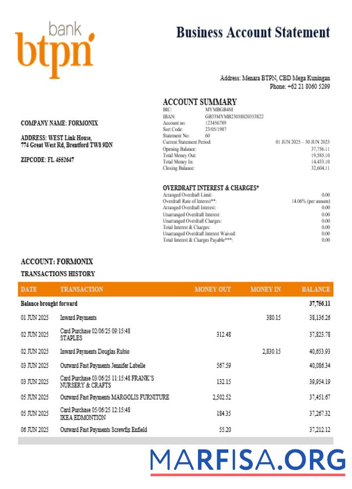 Printable BTPN business bank statement Word and PDF format sample